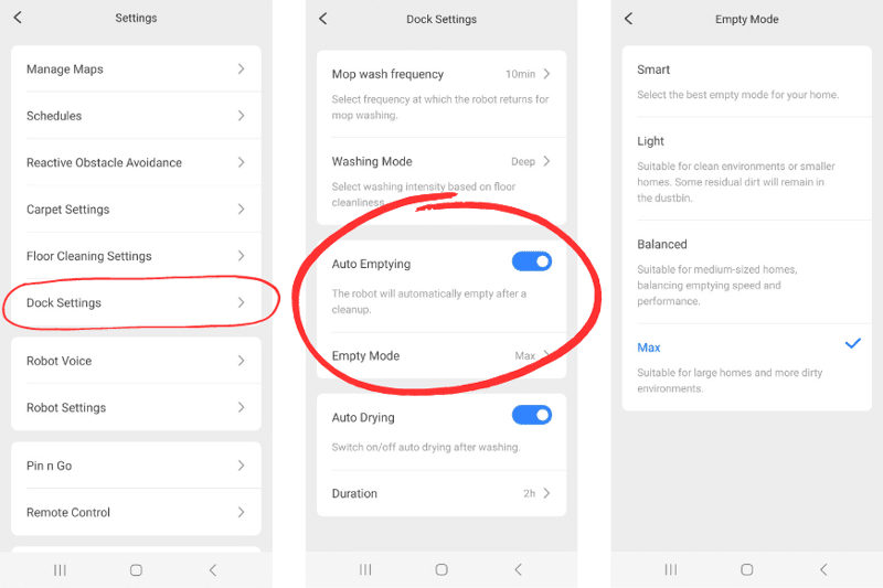 Различные настройки для работы ультрастанции Roborock S8 Pro.